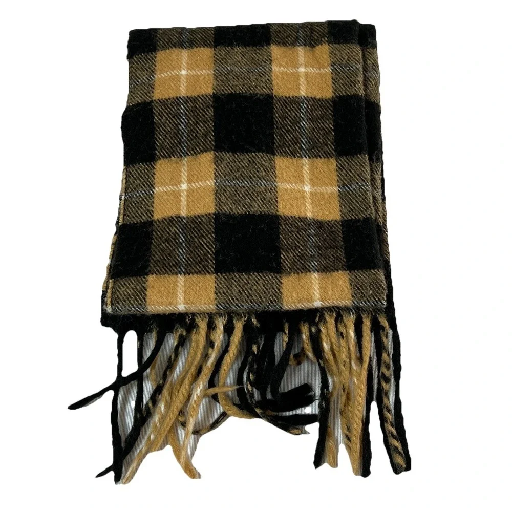 Christian Dior Monsieur Black Camel Plaid Cashmaire 100% Acrylic Scarf Fringe
